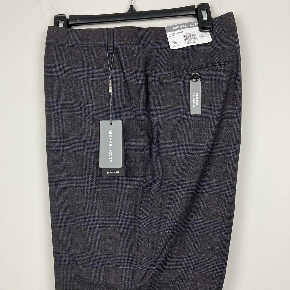 Michael Kors Mens Classic fit Dress Pants 42Wx30L Brown Blue Plaid Wool E101536